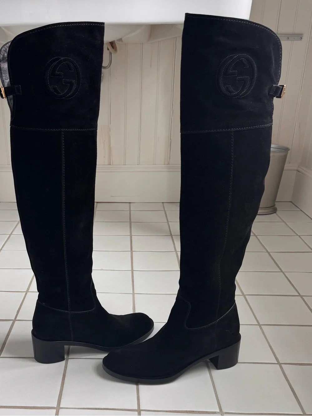 Gucci Black Suede Over-the-Knee Boots with Signature Logo